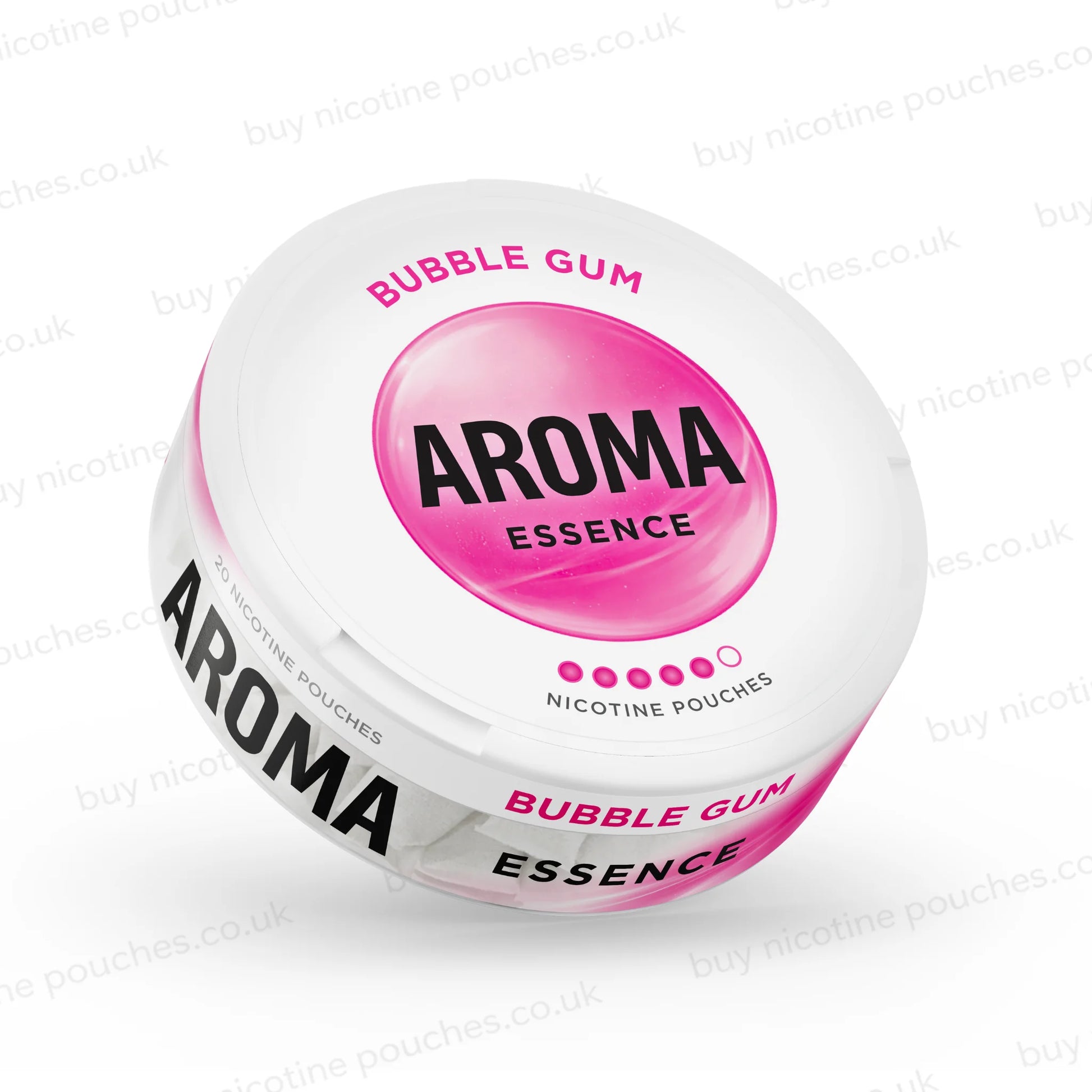 Angled shot of a white nicotine pouch container with pink Aroma Essence Bubble Gum branding on a white background.