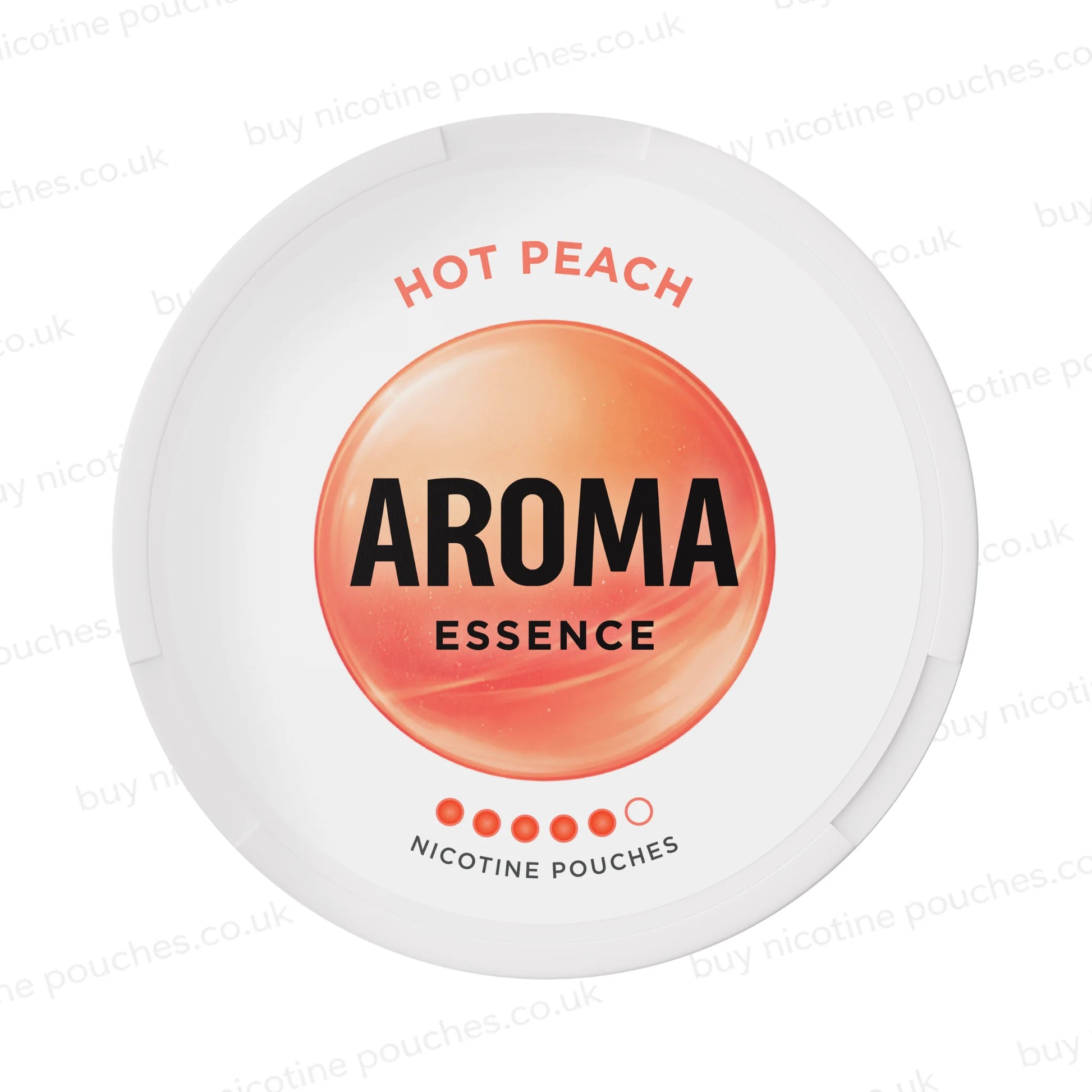 White nicotine pouch container with peach-coloured Aroma Essence Hot Peach branding on a white background.