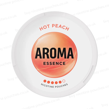 White nicotine pouch container with peach-coloured Aroma Essence Hot Peach branding on a white background.