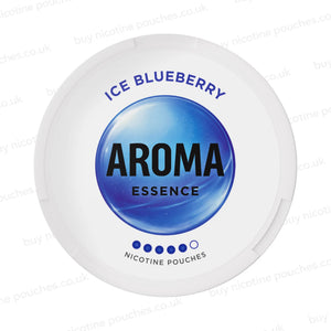White nicotine pouch container with blue Aroma Essence Ice Blueberry branding on a white background.