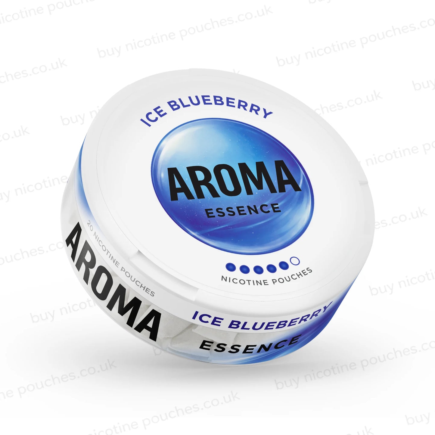 Angled shot of a white nicotine pouch container with blue Aroma Essence Ice Blueberry branding on a white background.