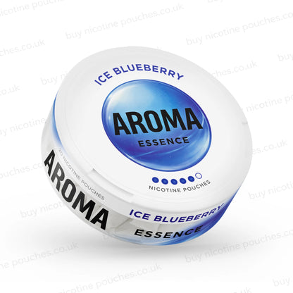 Angled shot of a white nicotine pouch container with blue Aroma Essence Ice Blueberry branding on a white background.
