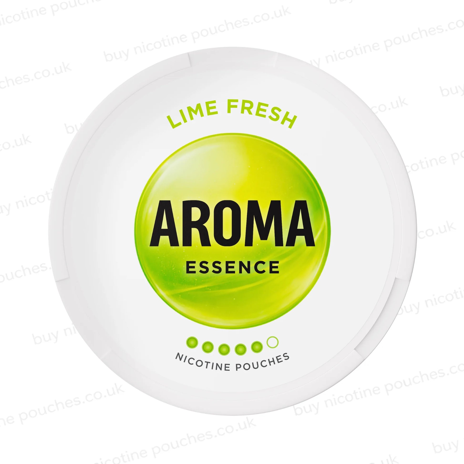 White nicotine pouch container with lime-coloured Aroma Essence Lime Fresh branding on a white background.