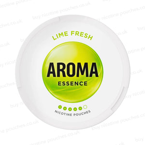 White nicotine pouch container with lime-coloured Aroma Essence Lime Fresh branding on a white background.