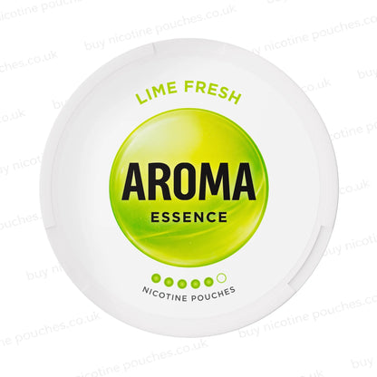 White nicotine pouch container with lime-coloured Aroma Essence Lime Fresh branding on a white background.