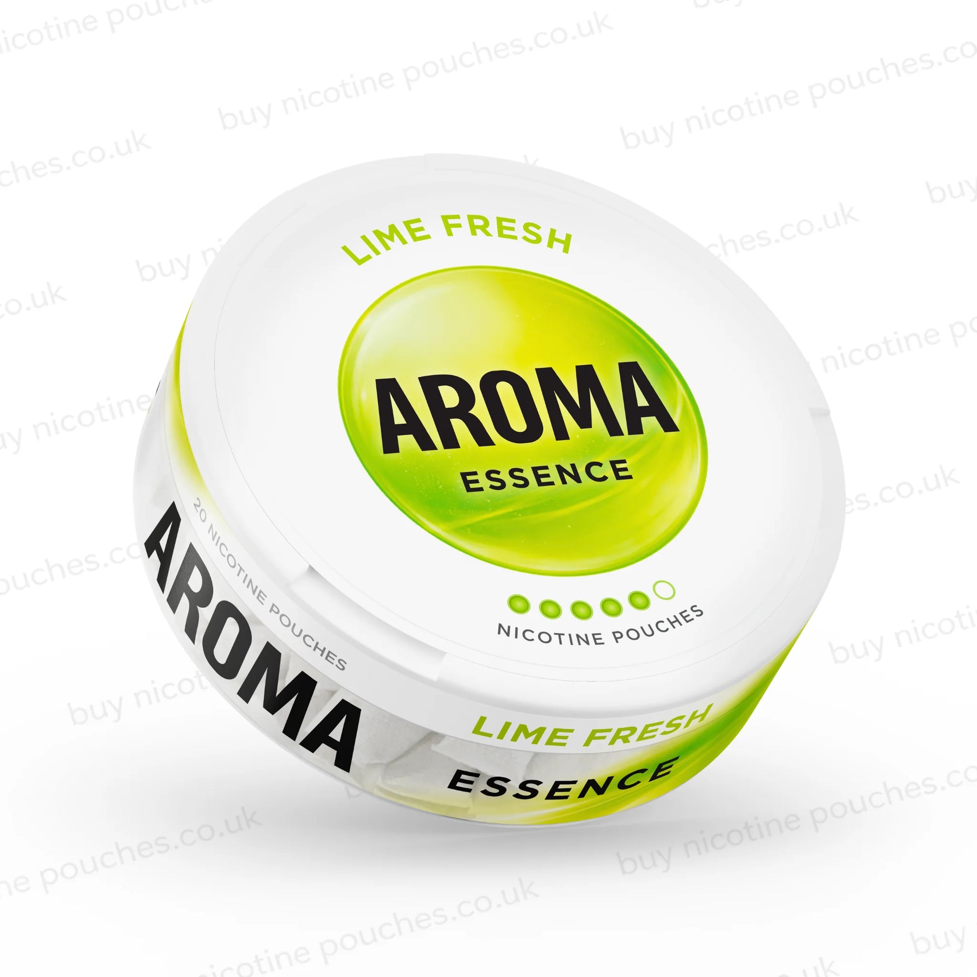 Angled shot of a white nicotine pouch container with lime-coloured Aroma Essence Lime Fresh branding on a white background.