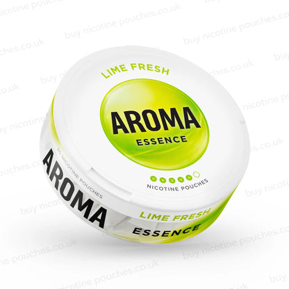 Angled shot of a white nicotine pouch container with lime-coloured Aroma Essence Lime Fresh branding on a white background.