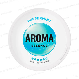 White nicotine pouch container with light blue Arome Essence Peppermint branding on a white background.
