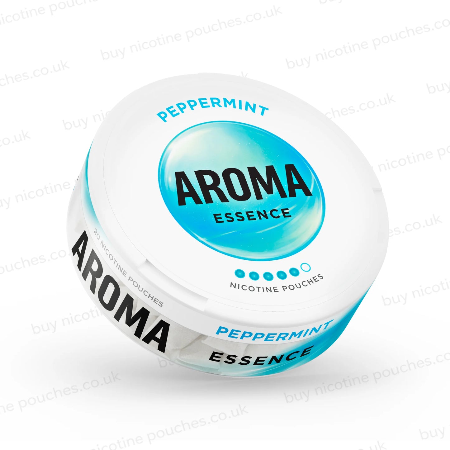 Angled shot of a white nicotine pouch container with light blue Arome Essence Peppermint branding on a white background.