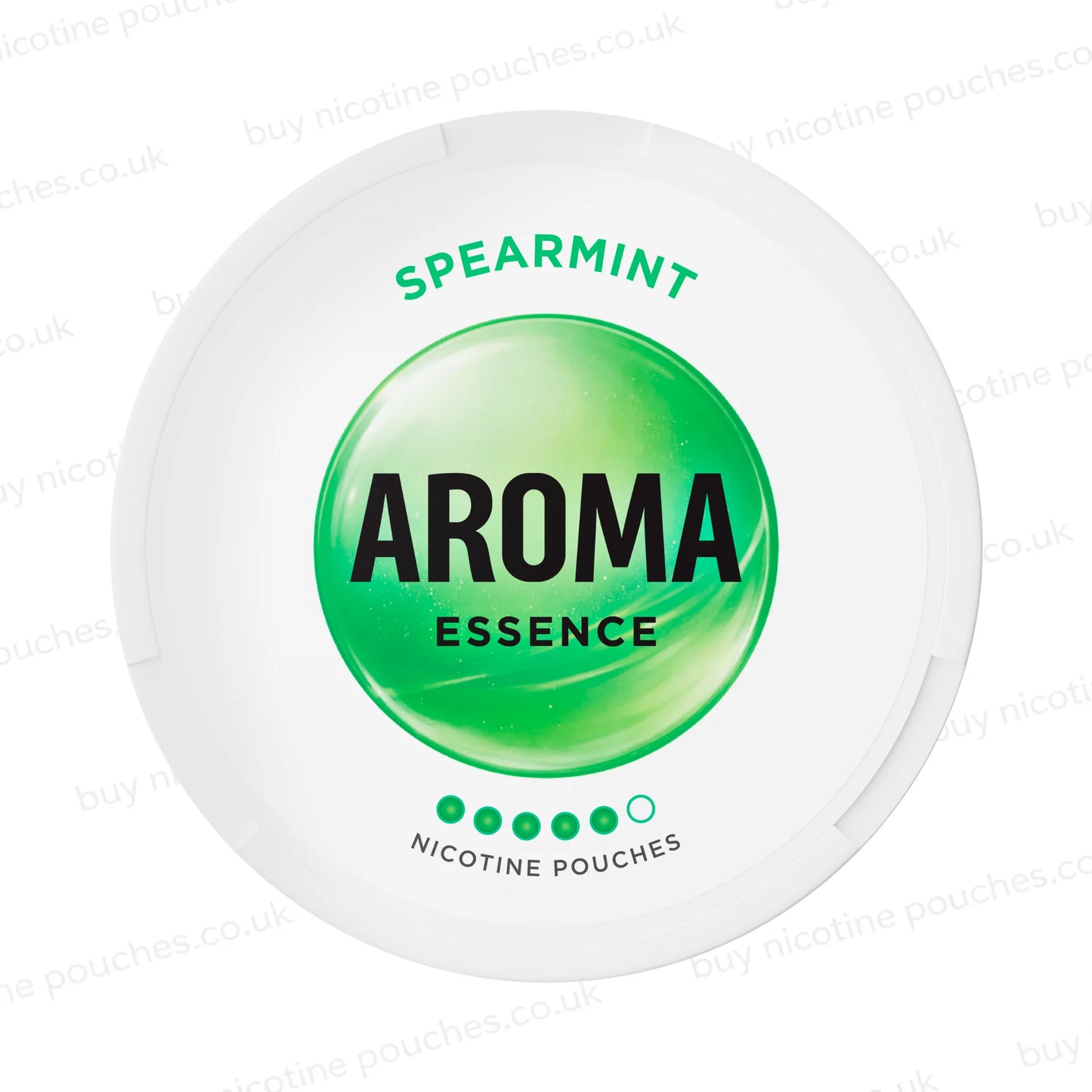 White nicotine pouch container with green Aroma Essence Spearmint branding on a white background.