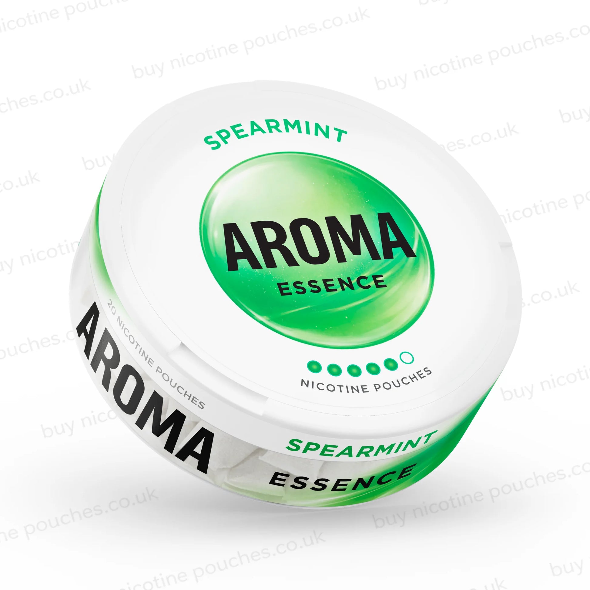 Angled shot of a white nicotine pouch container with green Aroma Essence Spearmint branding on a white background.