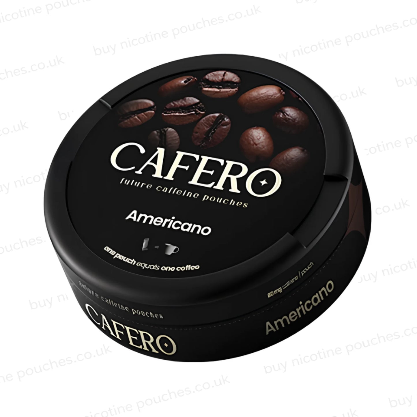 Angled shot of a black circular container with CAFERO Americano coffee bean branding on a white background.