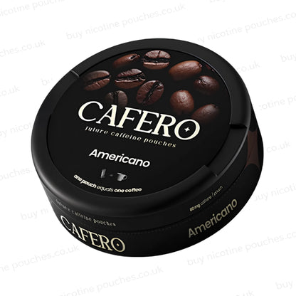 Angled shot of a black circular container with CAFERO Americano coffee bean branding on a white background.