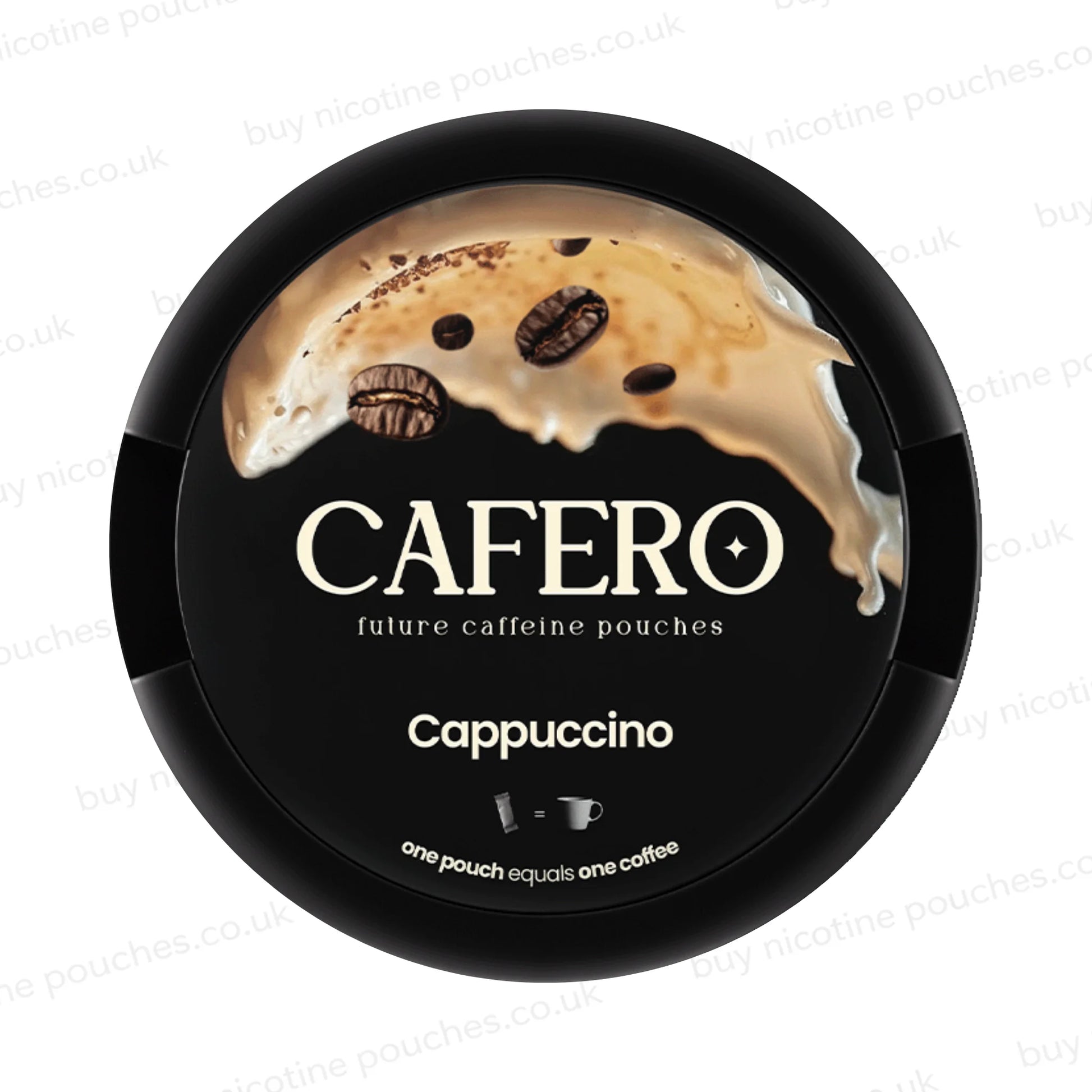 Black circular container with CAFERO Cappuccino branding on a white background.