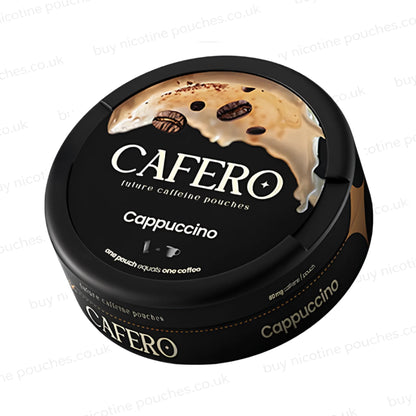Angled shot of a black circular container with CAFERO Cappuccino branding on a white background.