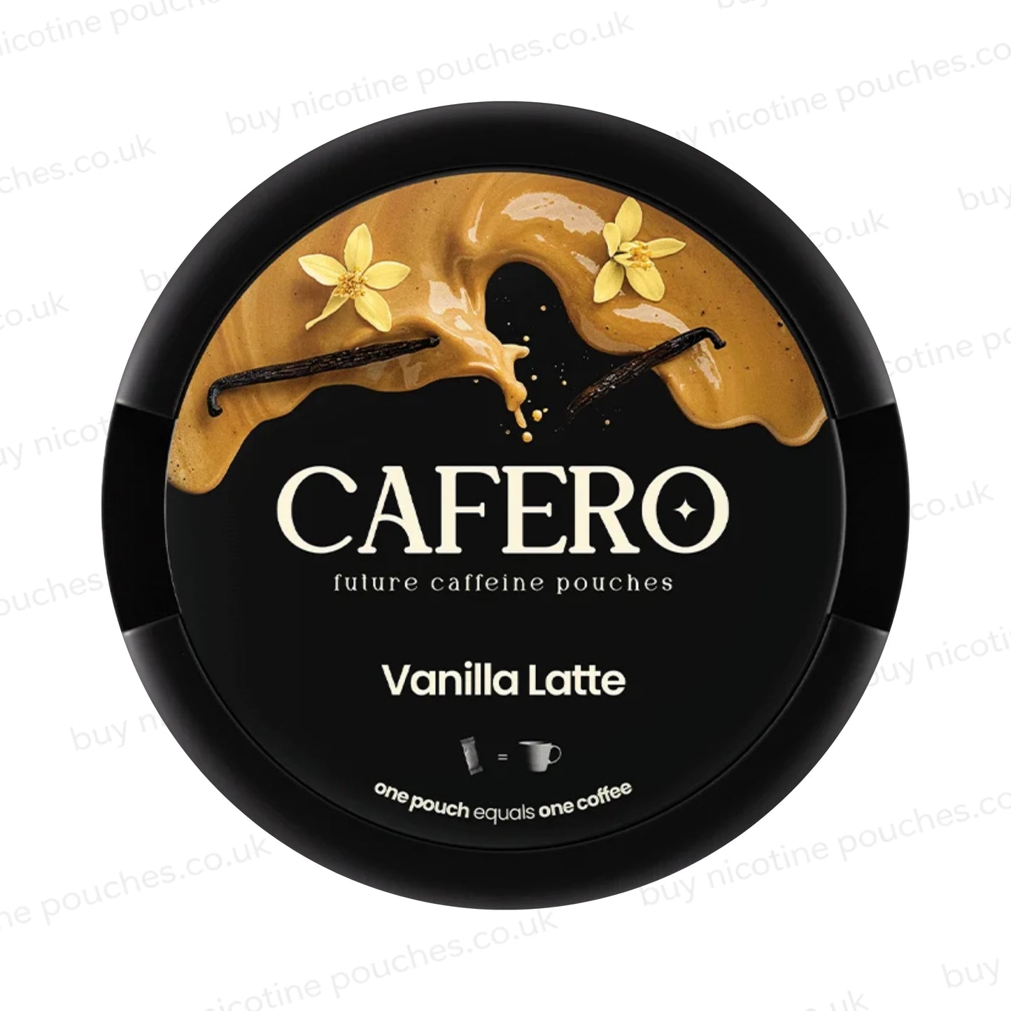 Black circular container with Cafero Vanilla Latte branding on a white background.