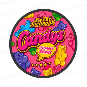 Nicotine pouch container with multicoloured Candys Gummy Bears branding on a white background.