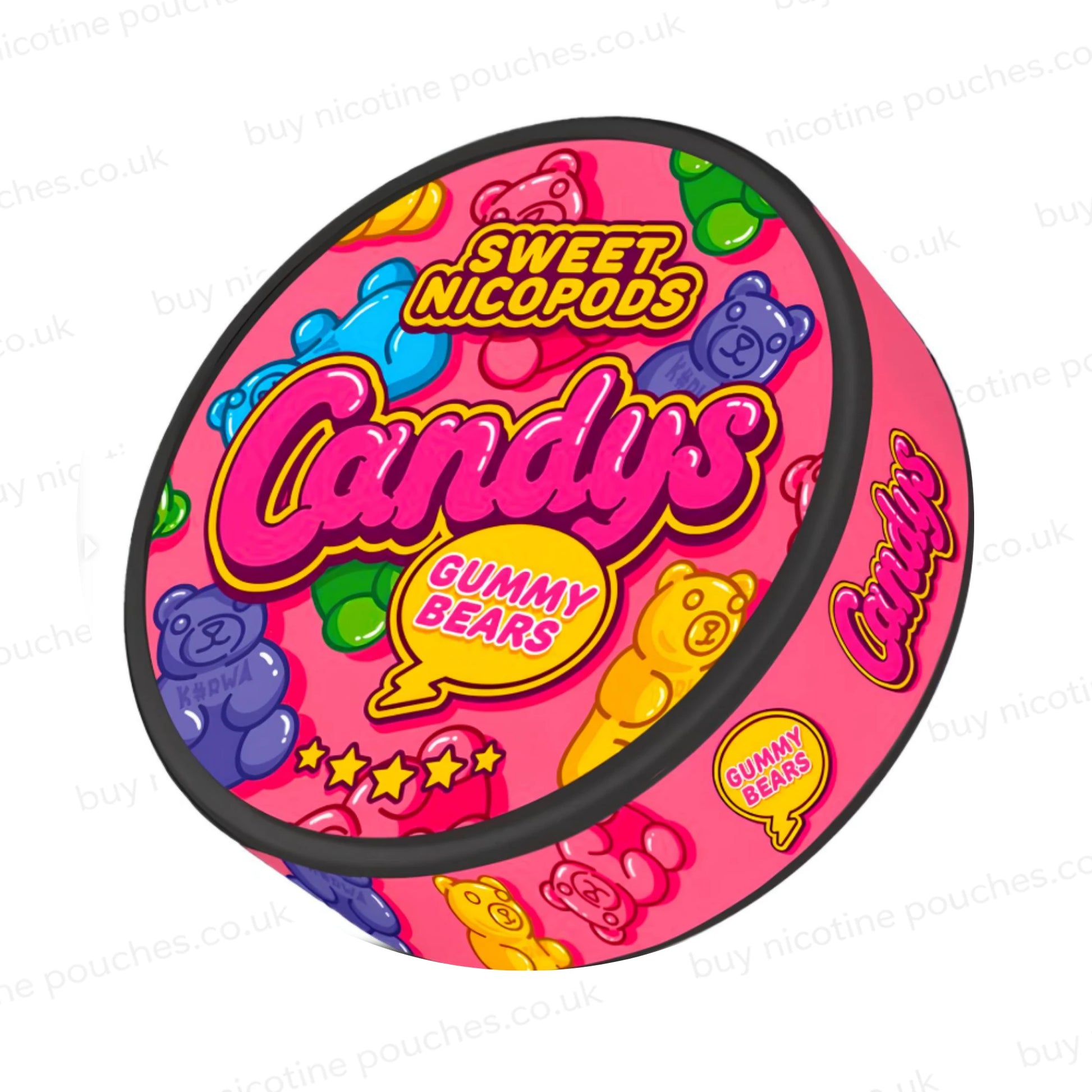 Angled shot of a nicotine pouch container with multicoloured Candys Gummy Bears branding on a white background.