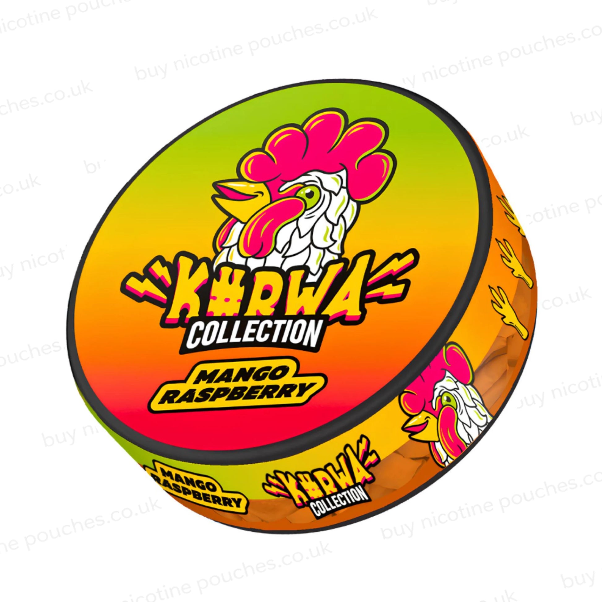 Angled shot of a black nicotine pouch container with multicoloured K#rwa Collection Mango Raspberry cartoon branding on a white background.