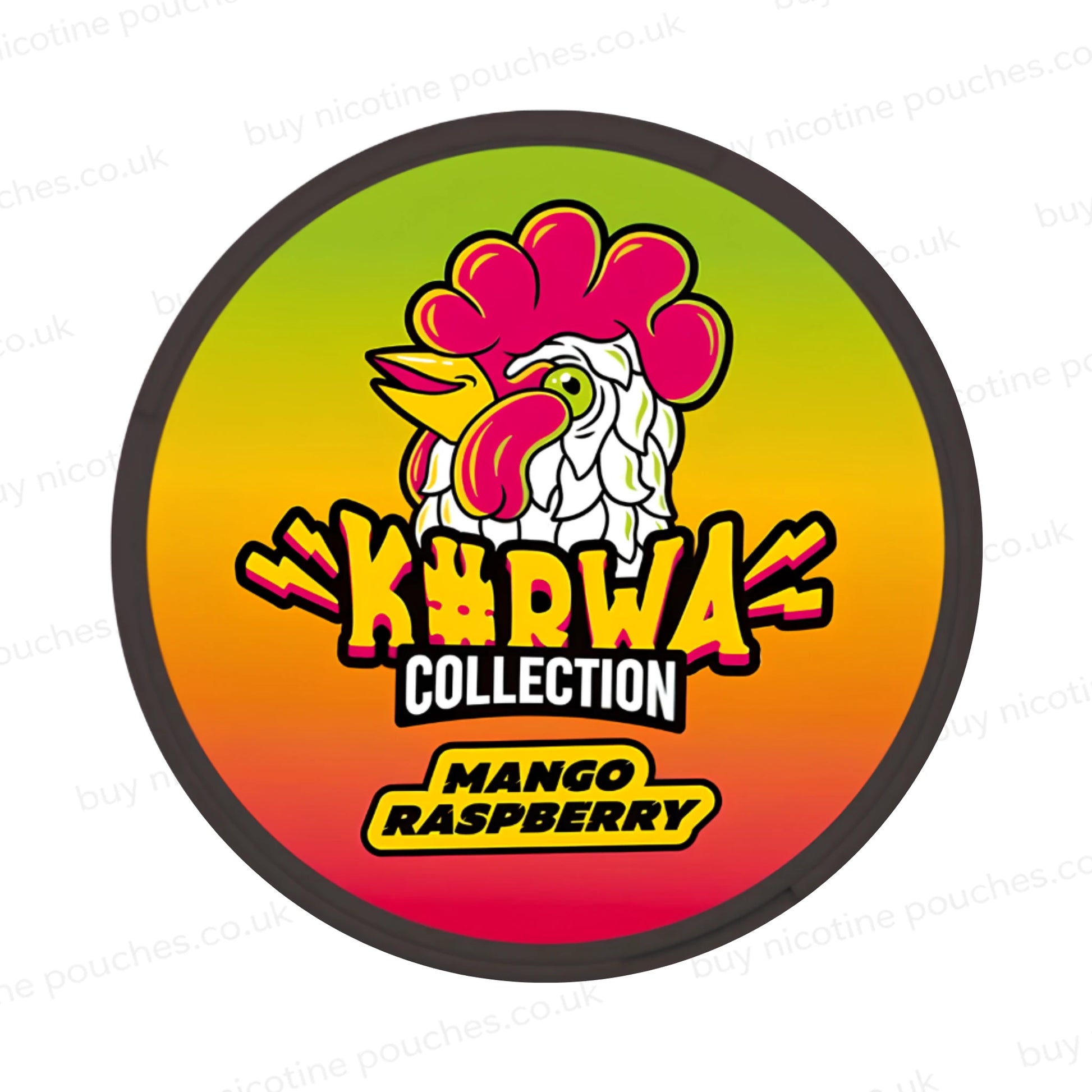 Black nicotine pouch container with multicoloured K#rwa Collection Mango Raspberry cartoon branding on a white background.