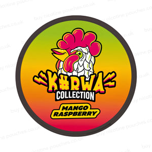 Black nicotine pouch container with multicoloured K#rwa Collection Mango Raspberry cartoon branding on a white background.