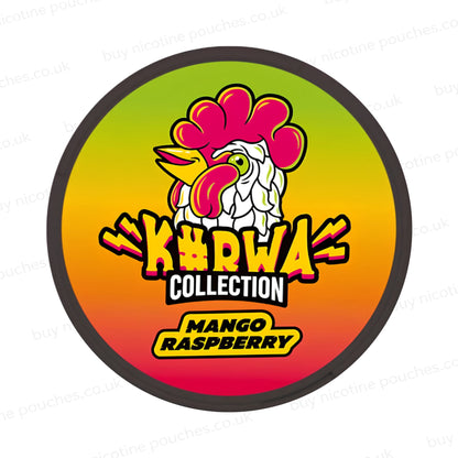 Black nicotine pouch container with multicoloured K#rwa Collection Mango Raspberry cartoon branding on a white background.