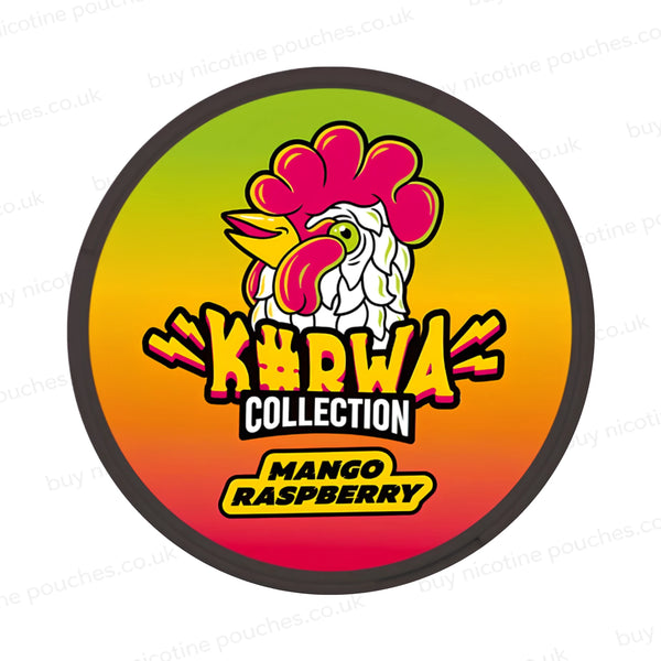Black nicotine pouch container with multicoloured K#rwa Collection Mango Raspberry cartoon branding on a white background.