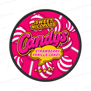 Nicotine pouch container with pink Candys Strawberry Vanilla Candy lollipop branding on a white background.