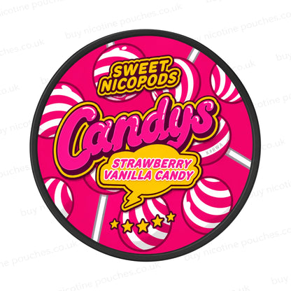 Nicotine pouch container with pink Candys Strawberry Vanilla Candy lollipop branding on a white background.