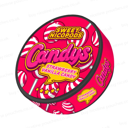 Angled shot of a nicotine pouch container with pink Candys Strawberry Vanilla Candy lollipop branding on a white background.