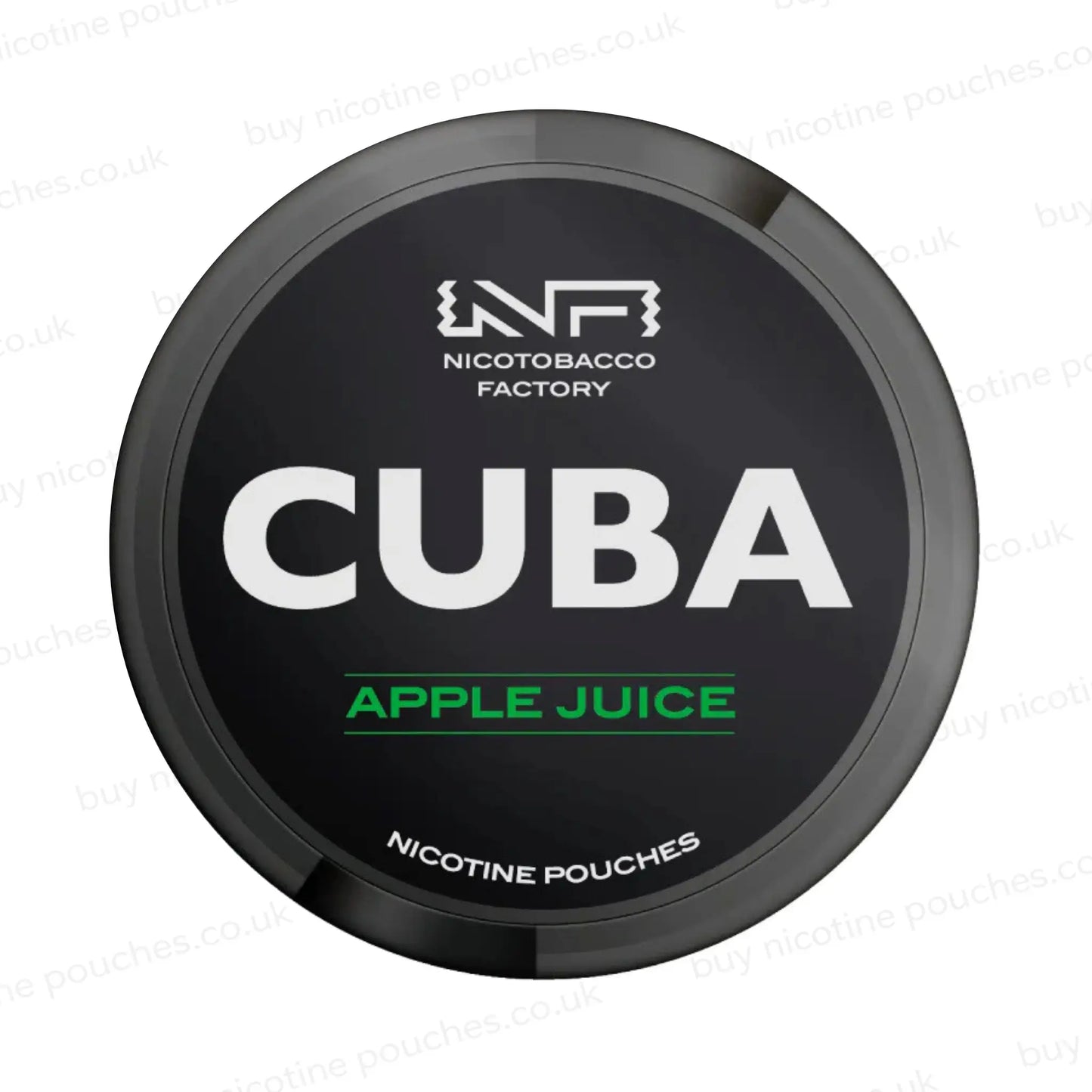 Black nicotine pouch container with CUBA Apple Juice branding on a white background.