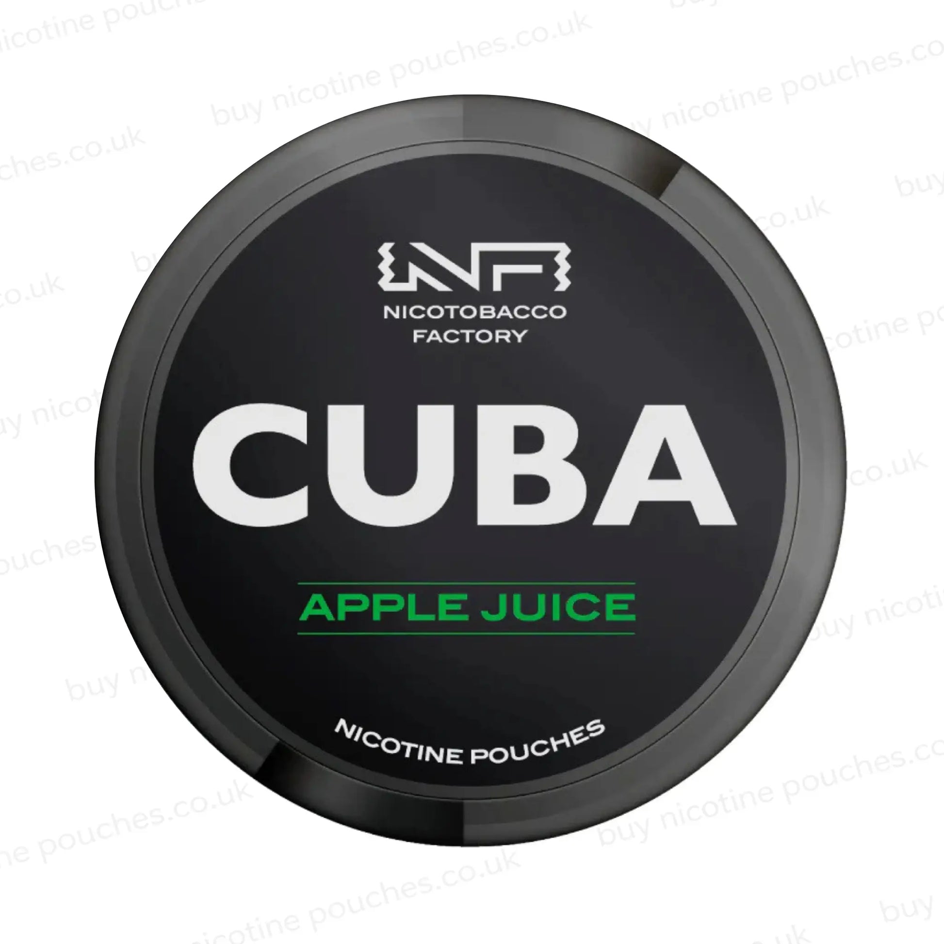 Black nicotine pouch container with CUBA Apple Juice branding on a white background.