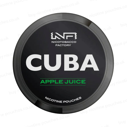 Black nicotine pouch container with CUBA Apple Juice branding on a white background.