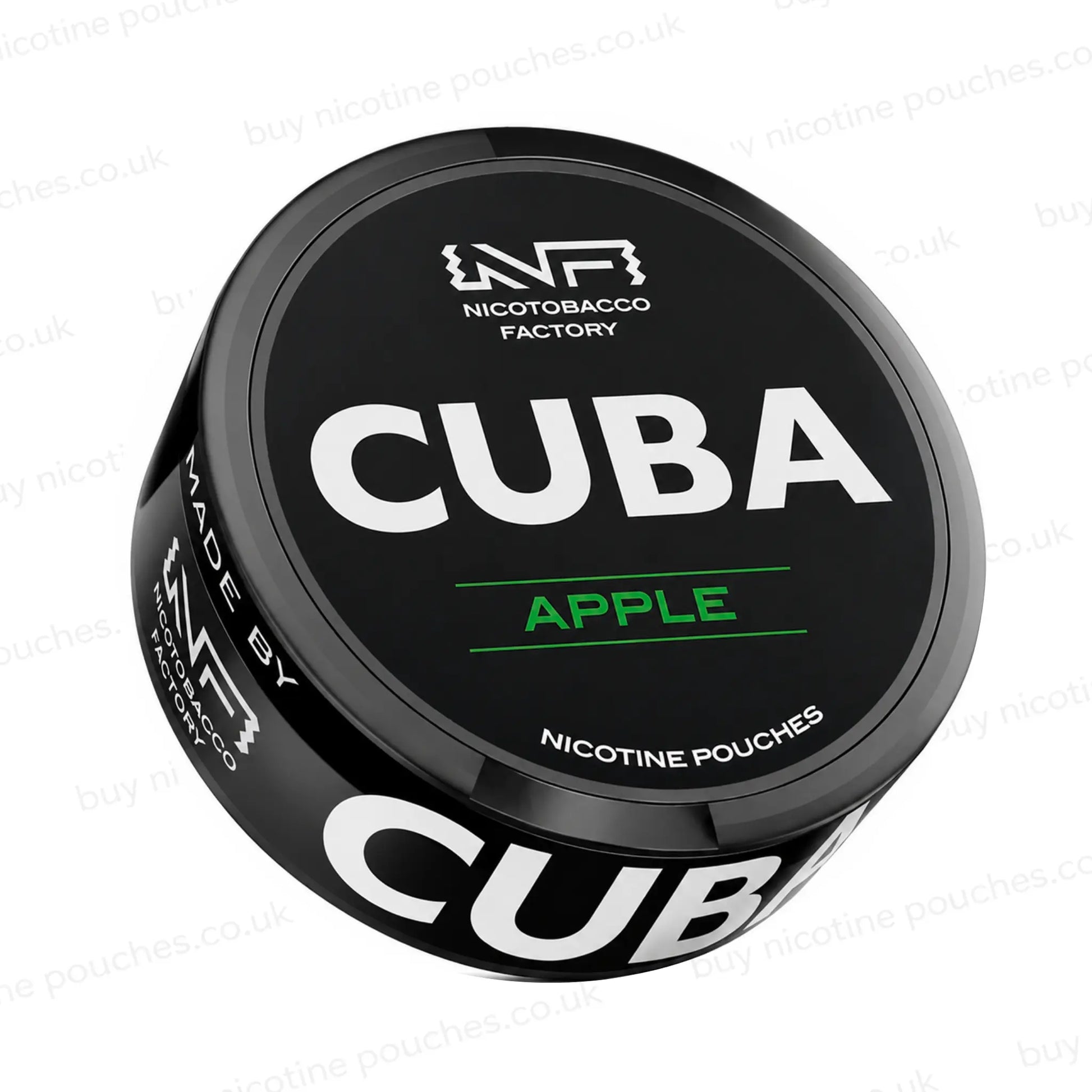 Angled shot of a black nicotine pouch container with CUBA Apple Juice branding on a white background.