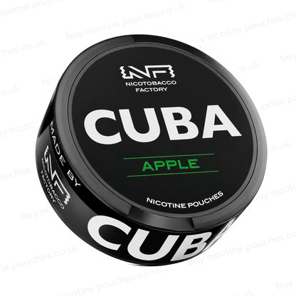 Angled shot of a black nicotine pouch container with CUBA Apple Juice branding on a white background.