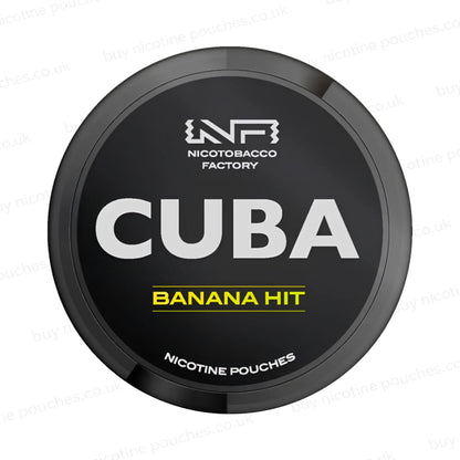 Black nicotine pouch container with CUBA Banana Hit branding on a white background.