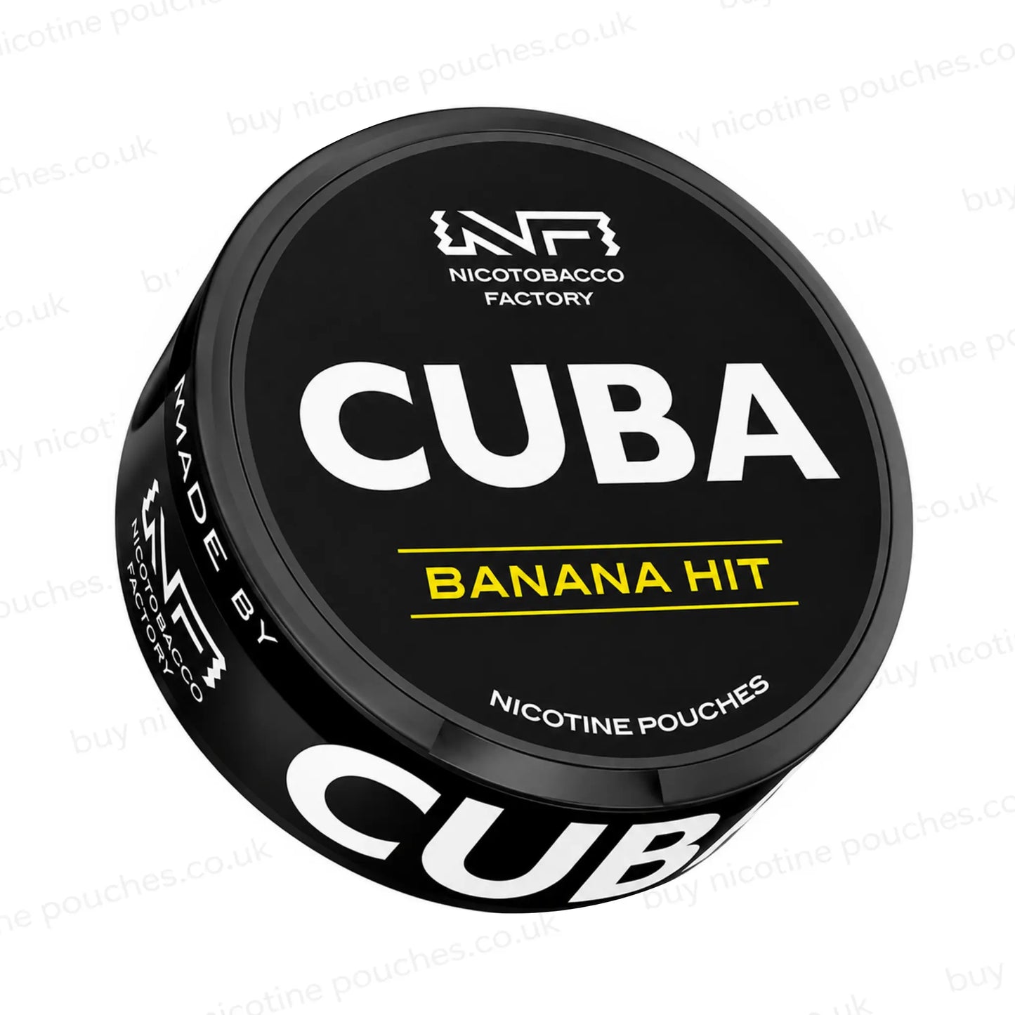 Angled shot of a black nicotine pouch container with CUBA Banana Hit branding on a white background.