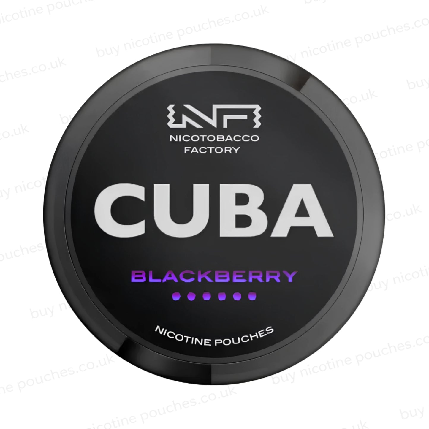Black nicptine pouch container with CUBA Blackberry branding on a white background.