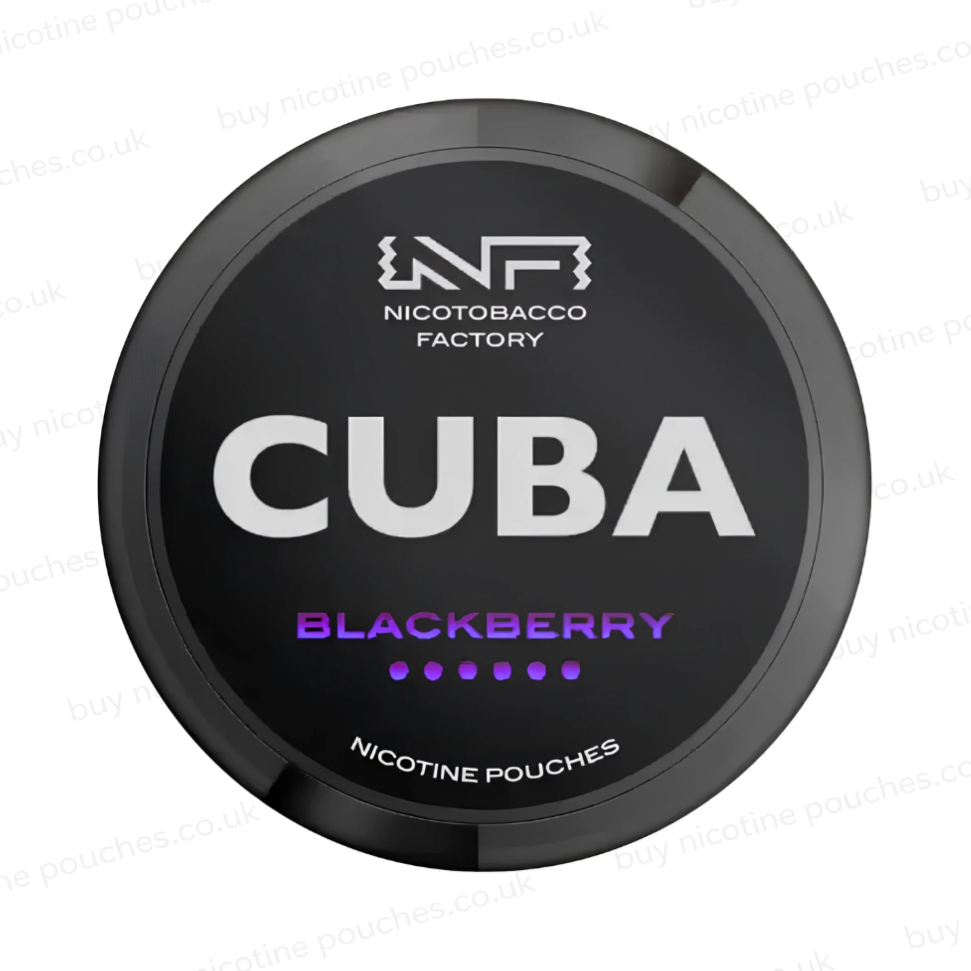 Black nicptine pouch container with CUBA Blackberry branding on a white background.