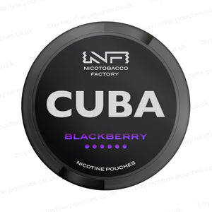 Black nicptine pouch container with CUBA Blackberry branding on a white background.