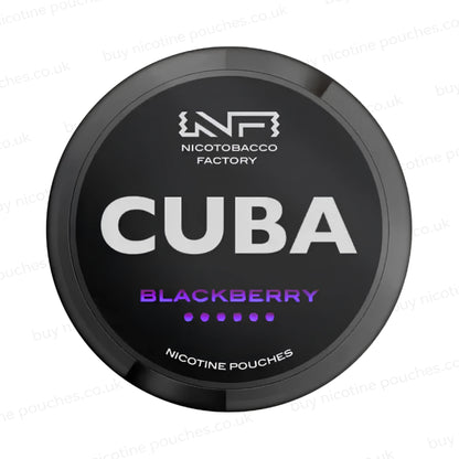Black nicptine pouch container with CUBA Blackberry branding on a white background.