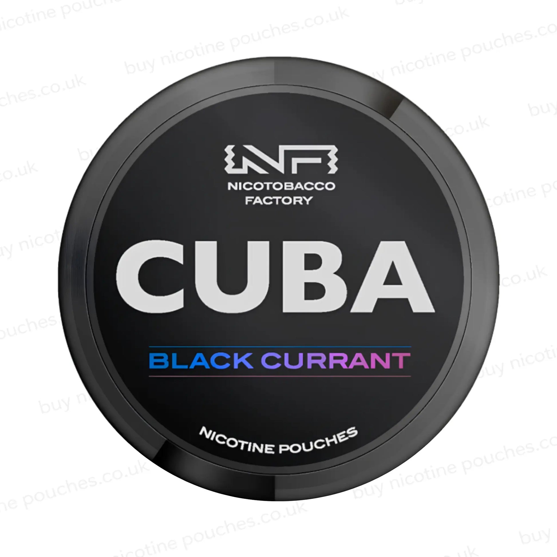 Black nicotine pouch container with CUBA Black Currant branding on a white background.