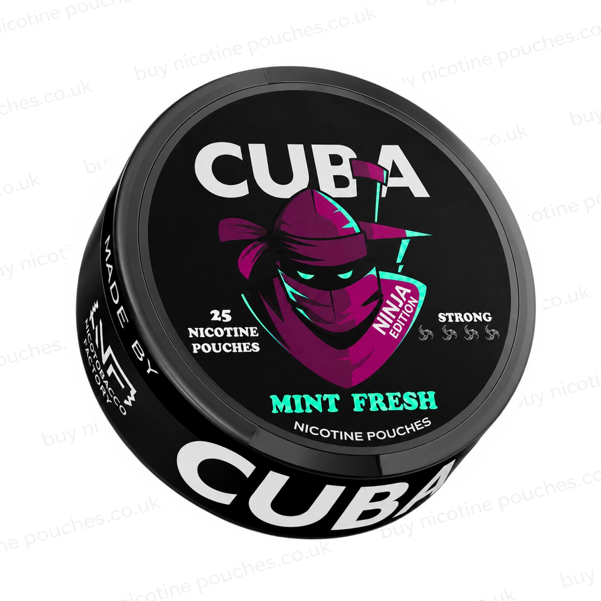 Angled shot of a black nicotine pouch container with CUBA Mint Fresh Ninja Edition branding on a white background.