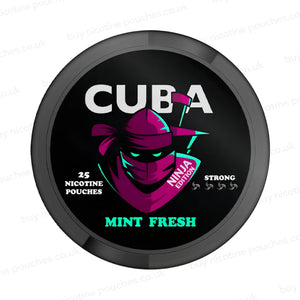 Black nicotine pouch container with CUBA Mint Fresh Ninja Edition branding on a white background.