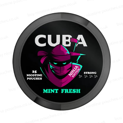 Black nicotine pouch container with CUBA Mint Fresh Ninja Edition branding on a white background.