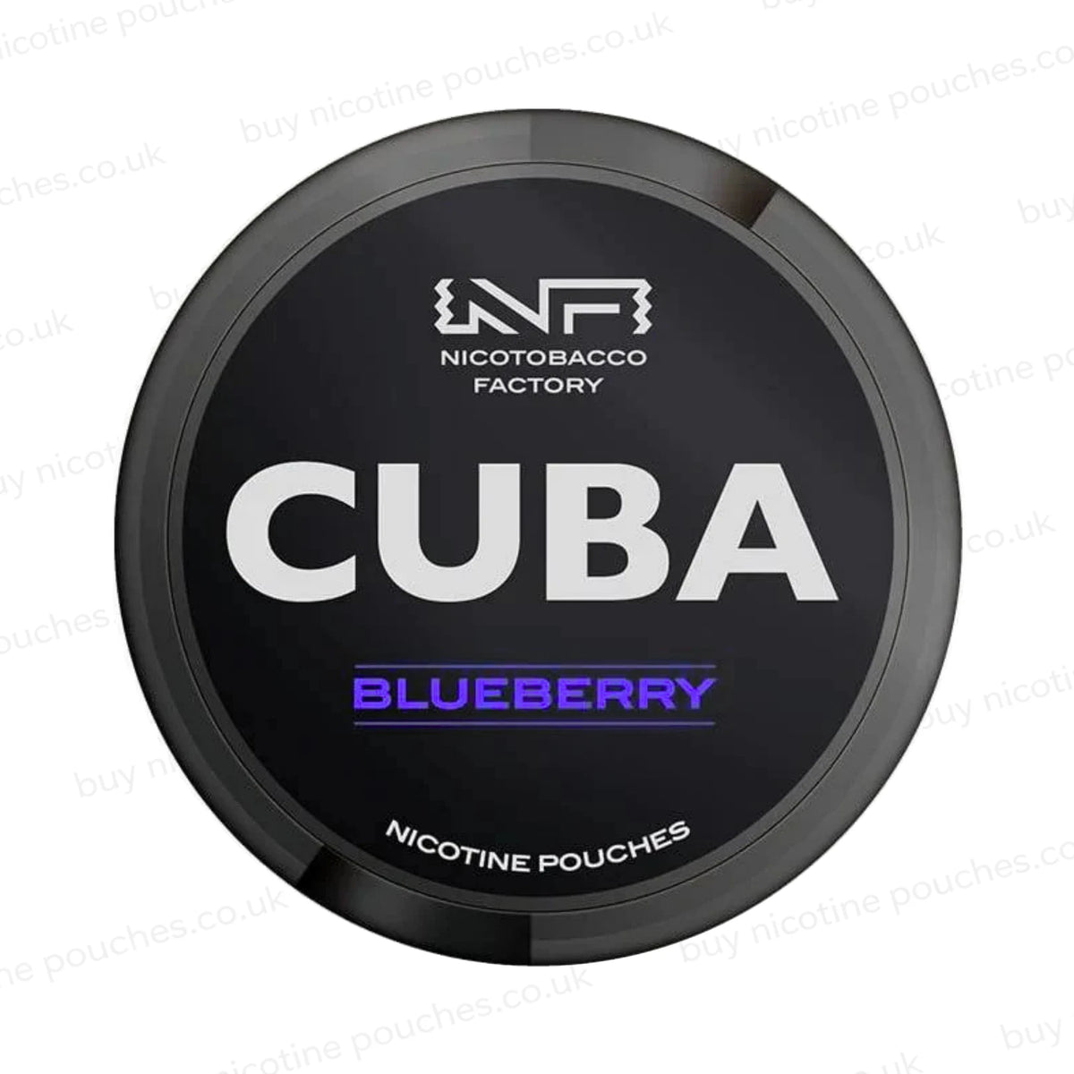 Black nicotine pouch container with CUBA Blueberry branding on a white background.