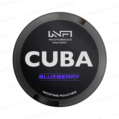 Black nicotine pouch container with CUBA Blueberry branding on a white background.