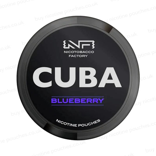 Black nicotine pouch container with CUBA Blueberry branding on a white background.
