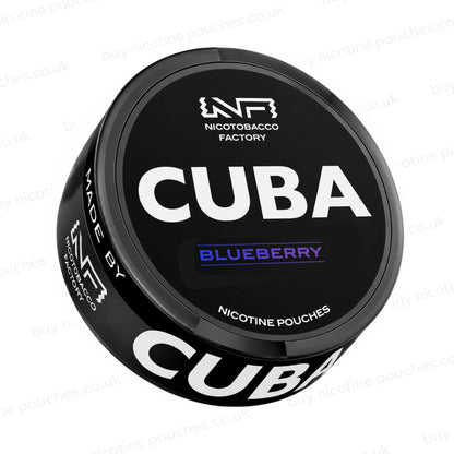 Angled shot of a black nicotine pouch container with CUBA Blueberry branding on a white background.