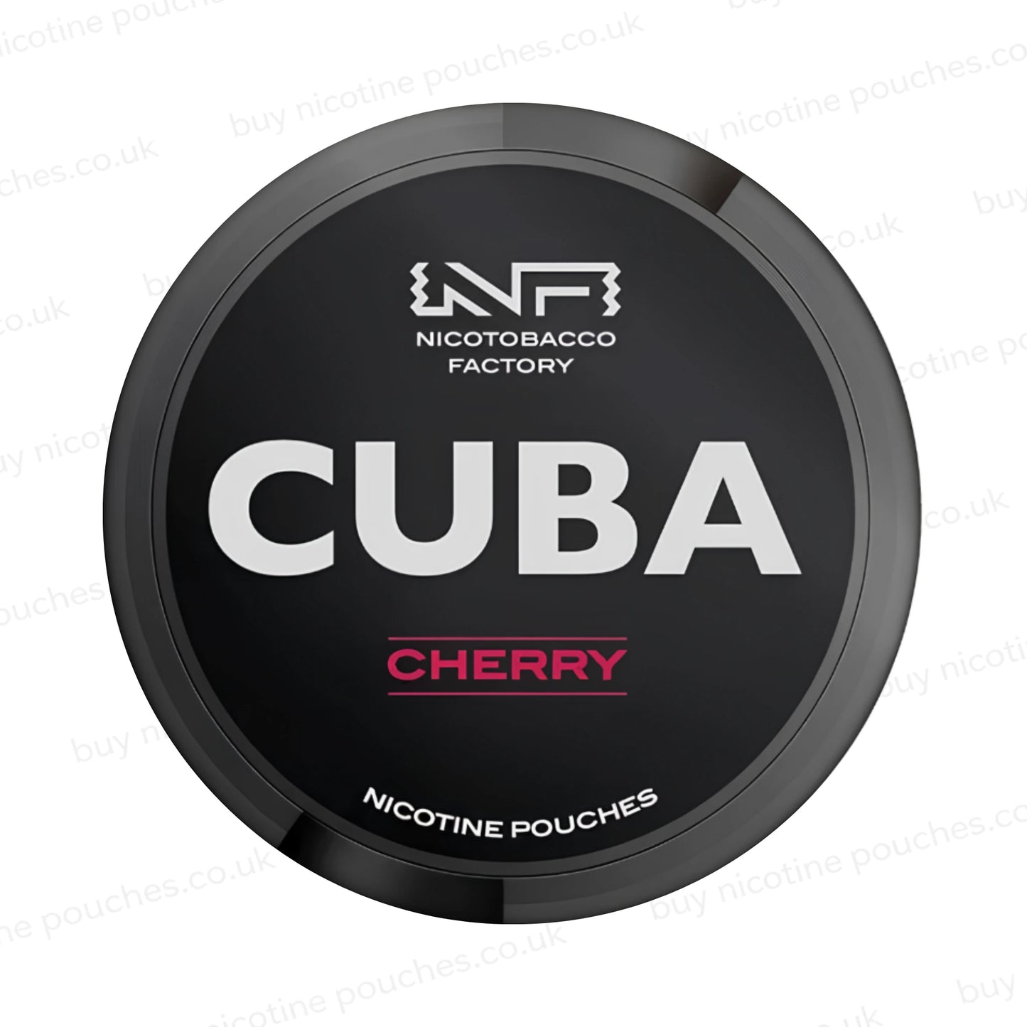 Black nicotine pouch container with CUBA Cherry branding on a white background.